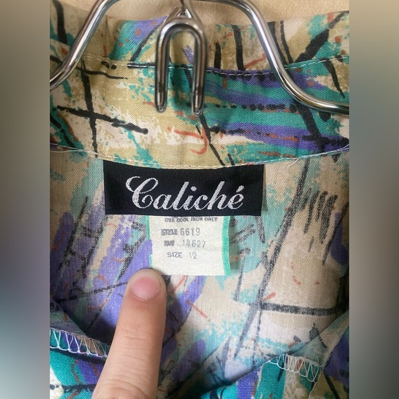 Caliche All Over Print Dress Vintage 80s 3/4 Sleeve Pockets Collared Funky - Picture 7 of 14